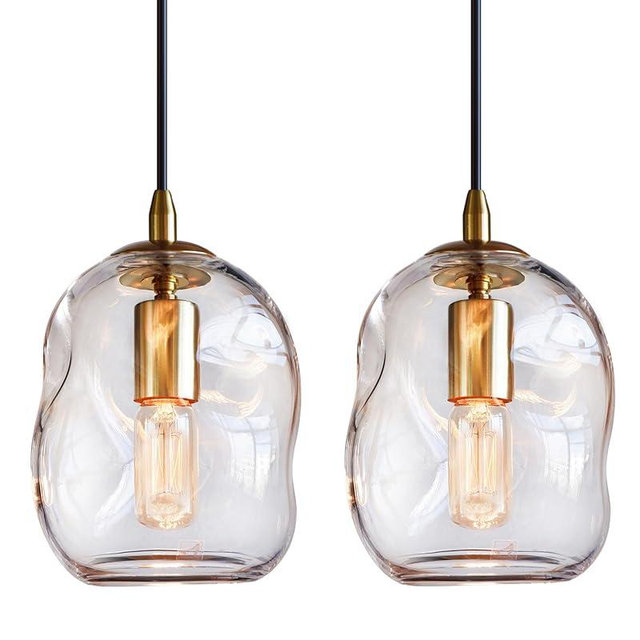 CASAMOTION Pendant Lights Kitchen Island 2 Pack Modern Contemporary Clear Glass Organic Globe Brass Gold Hanging Light Adjustable Cord Bedroom Dining Table Small Medium Lamp 8 Inch Height