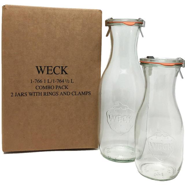 Weck Juice Jar Combo Pack - (1) 766 1-Liter jar (1) 764 1/2-Liter jar with Glass Lids, Rubber Rings and Steel Clamps