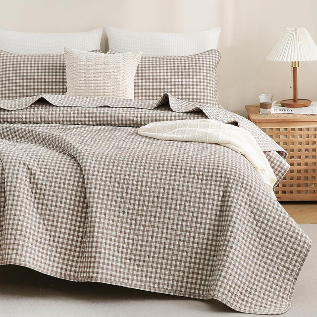 TOCOMOA Tan Gingham Quilt Bedding Set 100% Washed Cotton Bedspread Coverlet Like Linen Feel Soft Comfy Breathable 3 Piece Brown Plaid Checkered Lightweight Comforter Set for All Season, King 106"x96"