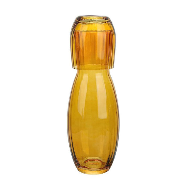 American Atelier Bedside Water Carafe with Tumbler | 2-Pc Set | Cup Doubles as Lid | 40-Ounce Pitcher with Matching Drinking Glass | For Guest Room, Nightstand, Office, or Gift (Amber)