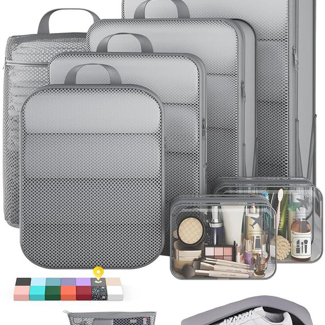 Veken 9/11 Set Compression Packing Cubes for Travel Essentials,Compressible Expandable Large Luggage Suitcase Organizer Bags for Clothing,Durable Space Saver Storage Bags with Toiletry Bags(Gray)