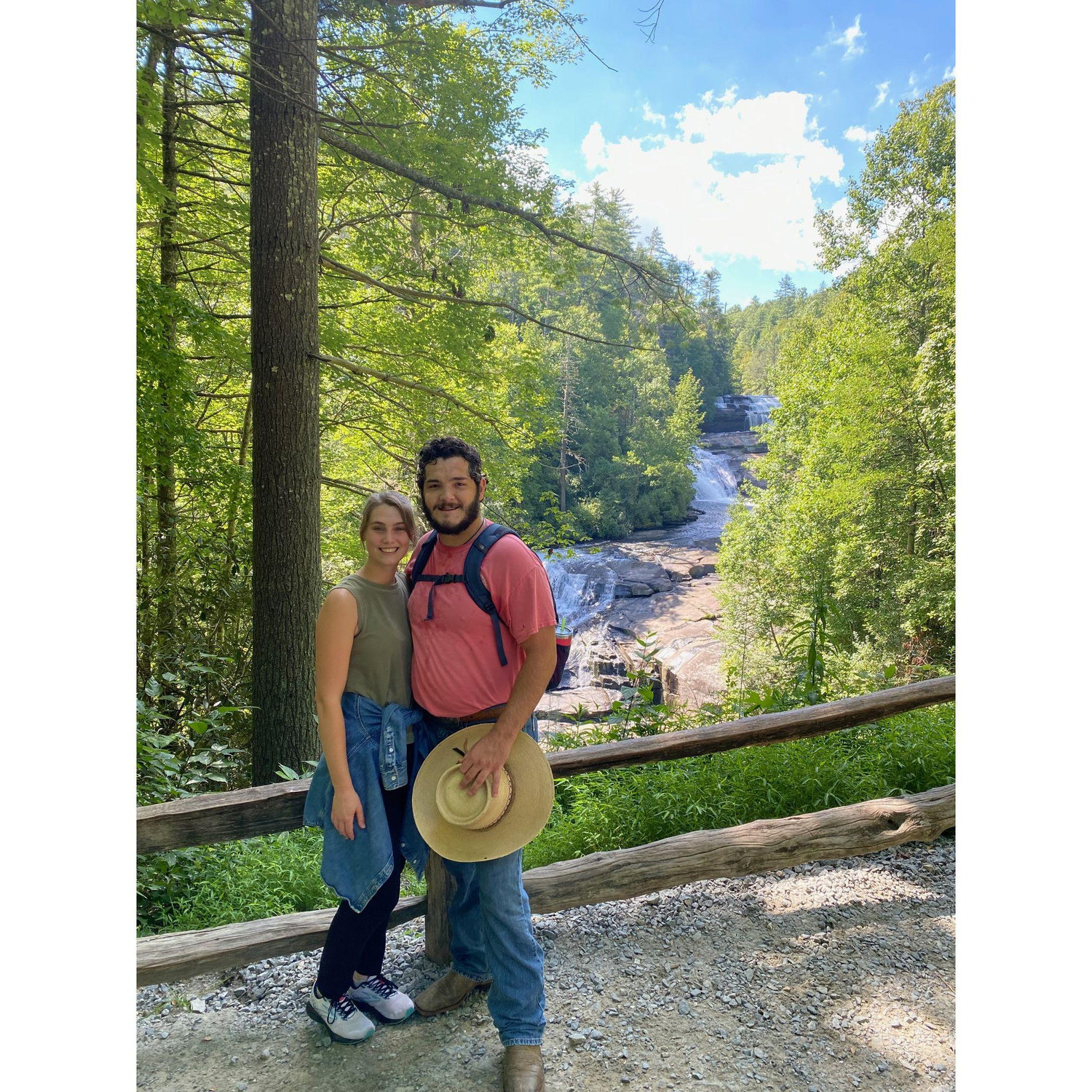 Here we went hiking in North Carolina. Behind us are three waterfalls!