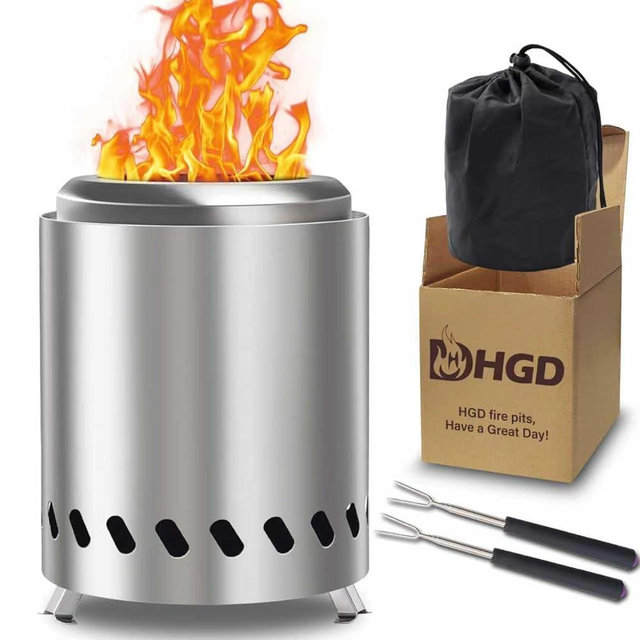 HGD Small Tabletop Fire Pit 8.0 x 5.5 in, Portable Mini Smokeless Table Top Firepit, Low Smoke Camping Stove for Outdoor/Patio, with Travel Bag & Forks, Fueled by Pellets/Wood, Stainless Steel, Silver