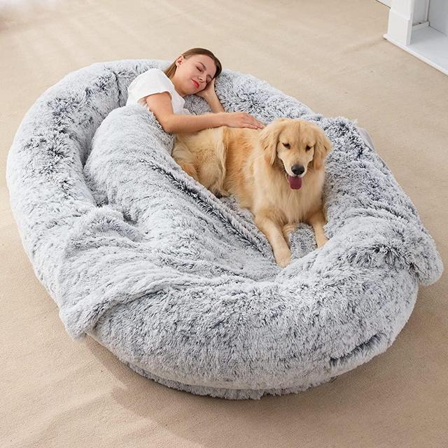 Homguava Large Bean Bag Bed for Humans BeanBag Dog Bed Human-Sized Large Dog Bed for Adults, Pets, 75.5"x55"x12" Large Size with Blanket, Grey Plush