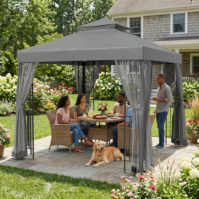 COOS BAY 8x8 Patio Gazebo with Corner Shelves, Two Tier Soft Top Canopy with Mesh Netting for Backyard, Garden, Lawn, Outdoor Events, Gray