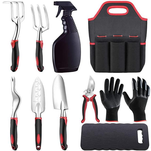 AFAKE Garden Tools Set for Men and Women,Gardening Gifts,Gardening Kit with Gardening Gloves,Garden Tote,Kneeling Pad,Hand Pruner,Trowel,Hand Rake,Weeder,Fork,Transplanter,Spray Bottle