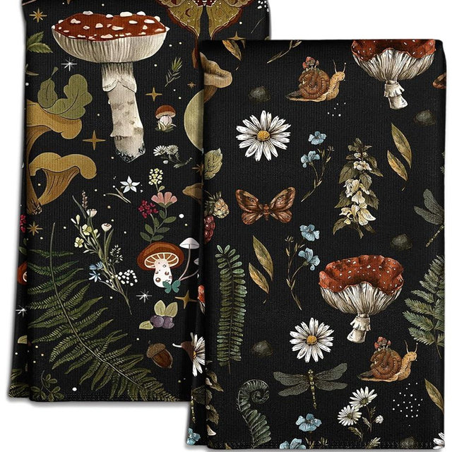Miss Adola Microfiber Kitchen Towels - Set of 2 Dish Towels for Kitchen 18 x 26 Inch Home Decoration Black Mushroom Cute Spring Hand Towels Soft & Absorbent Aesthetic Design