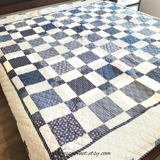Vintage Blue and White Patchwork Quilt: 88"x88" Queen Size Cotton Bedspread, Shabby Elegance