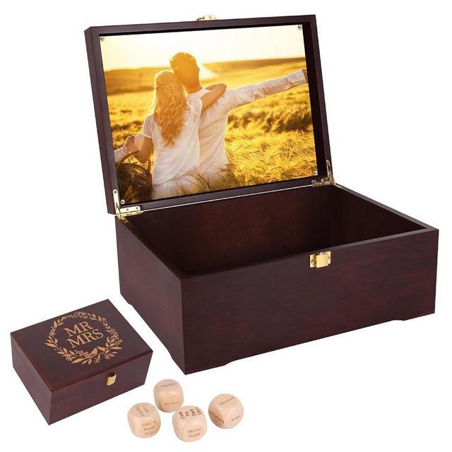Large Wedding Keepsake Boxes with Lids for Couple - Large Wooden Memory Storage Box with Date Night Dice for Bridal Shower, Engagement and Anniversary Wedding Gift 5.3“*8.6”*11.7“