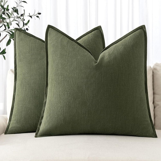 MIULEE Linen Pillow Covers 24x24 Inch Dark Olive Green ​Decorative Boho Farmhouse​ ​Neutral Throw Pillows Pack of 2 Soft Accent Couch Pillowcases Spring Modern Home Decor Sofa Cushion Livingroom Bed