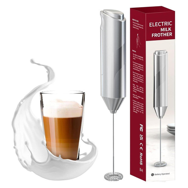 EZBASICS Electric Milk Frother Wand, Handheld Milk Frother Drink Mixer, Stainless Steel Whisk Foam Maker for Coffee, Silver