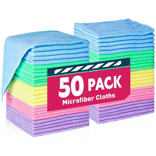 TEAWOO Microfiber Cleaning Cloths-50 Pack, Microfiber Towels Bulk, Microfiber Towels for Cars, Bulk Microfiber Towels for Home, 5 Colors Assorted (12x12 inches)