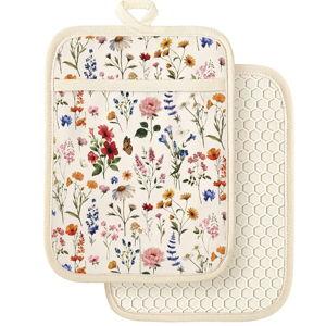 Slohif Silcone Flowers Pot Holders for Kitchen - 100% Cotton Beige Cute Oven Potholders with Pockets, Heat Resistant Square Thick Hot Pads, House New Home Baking Baker Gifts,2pack