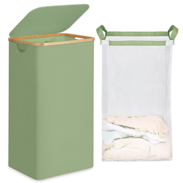 efluky 26 Gal Laundry Basket with Lid and Net Bag, Tall Laundry Hamper with Bamboo Handles, Aesthetic Dirty Clothes Bin for Laundry Room, Bathroom, Bedroom and Dorm, Green