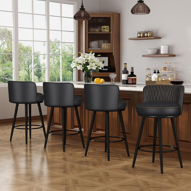 HONIFUR Bar Stools Set of 4, 27 Inch Barstools with Sturdy Legs, Leather Farmhouse Counter Height Bar Stool for Kitchen, Dining, Bar (Swivel, Black, Leather)