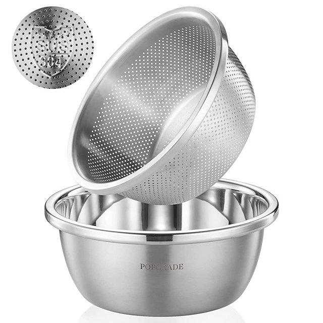 304 Stainless Steel Microporous Colander with Mixing Bowl, 2-Qt Rice Washing Bowl Colander Food Strainer Set For Washing and Draining Fruit, Rice and Pasta Spaghetti