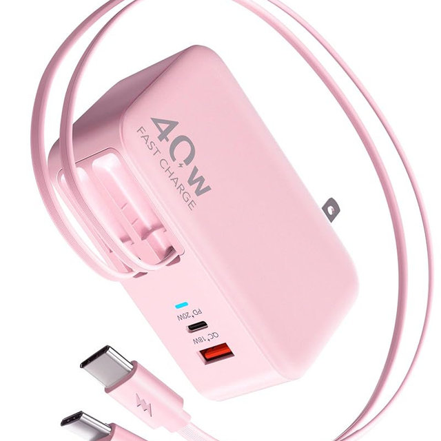 Retractable USB C Charger Wall Plug with 35.5in/90cm Type C Cables Cords,40W Fast Charging Foldable Block Multi Charger for All Devices for iPhone 17/16/15/14/13/12,iPad,Galaxy,Pixel