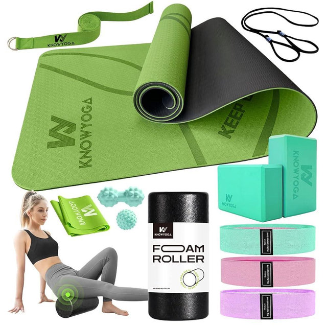 KNOWYOGA Yoga Starter Kit 12 in 1 - Yoga Set Include Yoga Mat, Foam Roller, 4 Resistance Bands, Yoga Blocks 2 Pack with Strap, 2 Peanut Massage Balls, Yoga kit and Sets for Beginners