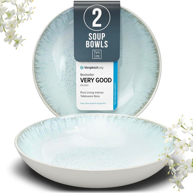 Stoneware pasta bowls set 2 pcs – 7.7" light beige & blue ceramic plates & salad bowls – Dishwasher and microwave safe – Large soup bowls stylish set – Dinner service Pure Living