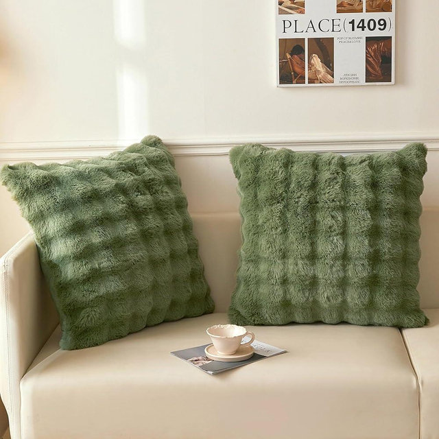 LIFEREVO Set of 2 Faux Rabbit Fur Decorative Throw Pillow Covers 26x26, Luxury Plush Shaggy Bubble Euro Pillow Shams with Zipper, Furry Fuzzy Accent Cushion Covers for Bed Sofa Couch, Sage Green