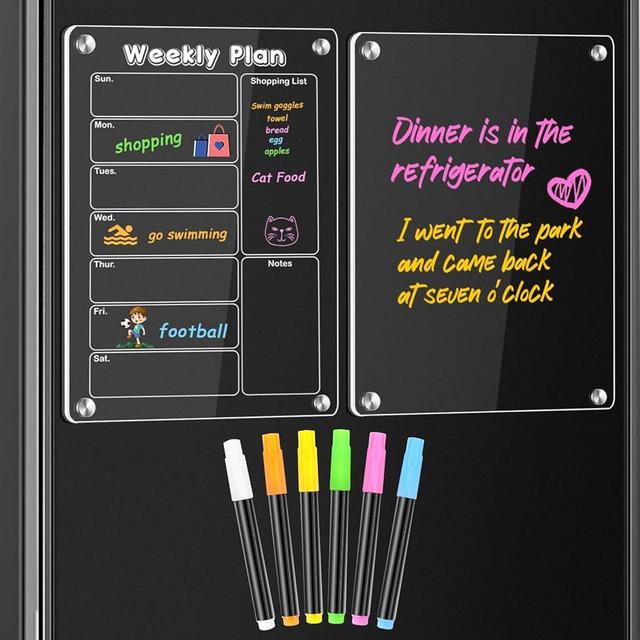 MIKEDE Magnetic Acrylic Calendar for Fridge, 2 Pack Refrigerator Calendar Magnetic Dry Erase, Clear Whiteboard Calendar Planning Boards, Fridge Organizer with Strong Magnets, 6 Markers, 11.2"x7.5"