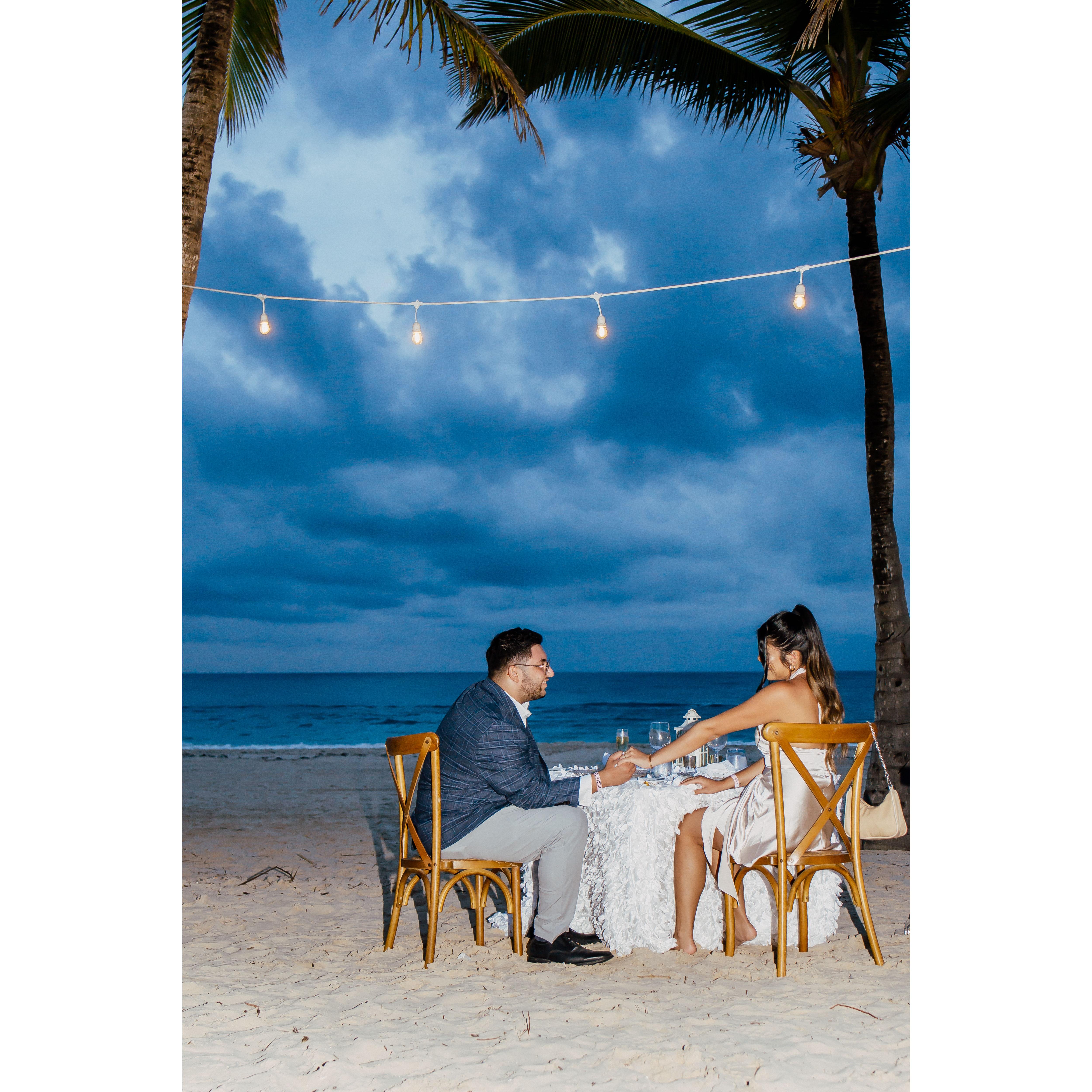 Having a romantic, private dinner on the beach after Ahmed proposed :)