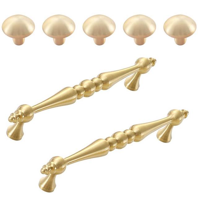 Flybath 5 Pack Mushroom Cabinet Knobs and 2 Pack 5-Inch Cabinet Pulls Solid Brass Vintage Gold Handle Set