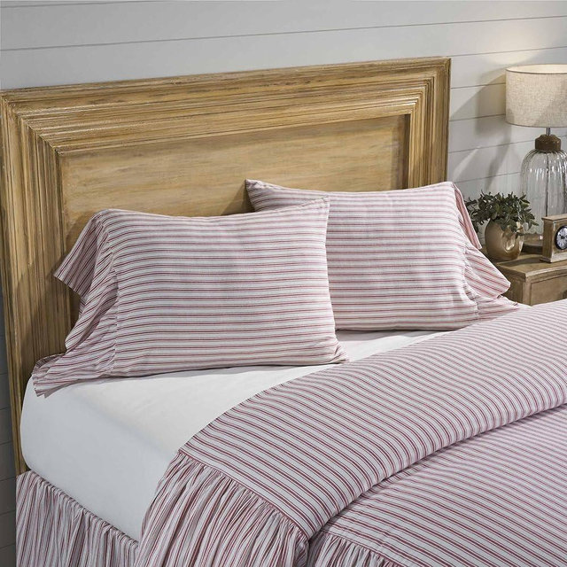 Timeless Ticking Red Ruffled Standard Pillow Shams, Set of 2 Covers, Vintage Farmhouse, Country Cottage Bedding, 27" Long x 21" Wide Plus 8" Ruffle