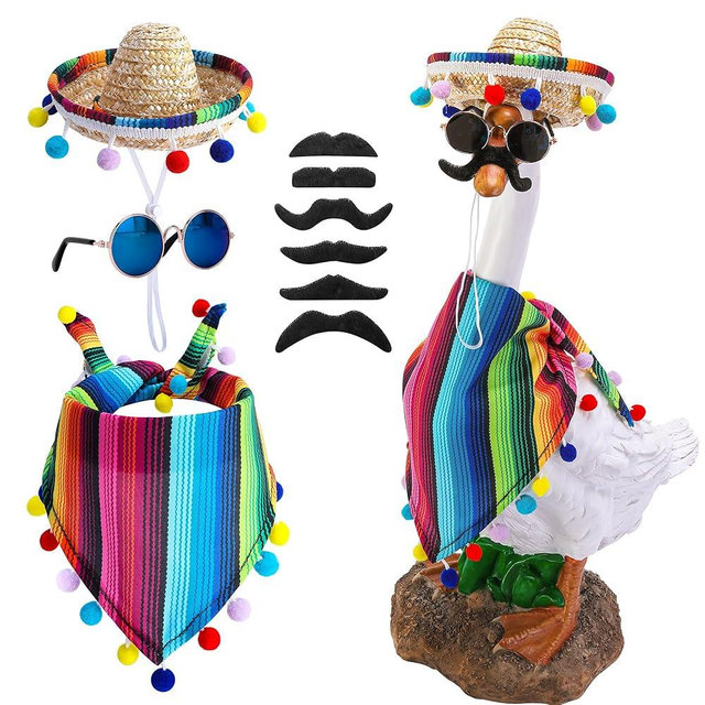 4 Pcs/Set Mexican Porch Goose Outfits, 23"/ 17" Lawn Goose Statue Clothes Costume for Cinco De Mayo, Garden Goose Clothes Mexican Sombrero with Bandana Scarf Beard Glasses for Patio Yard Decoration