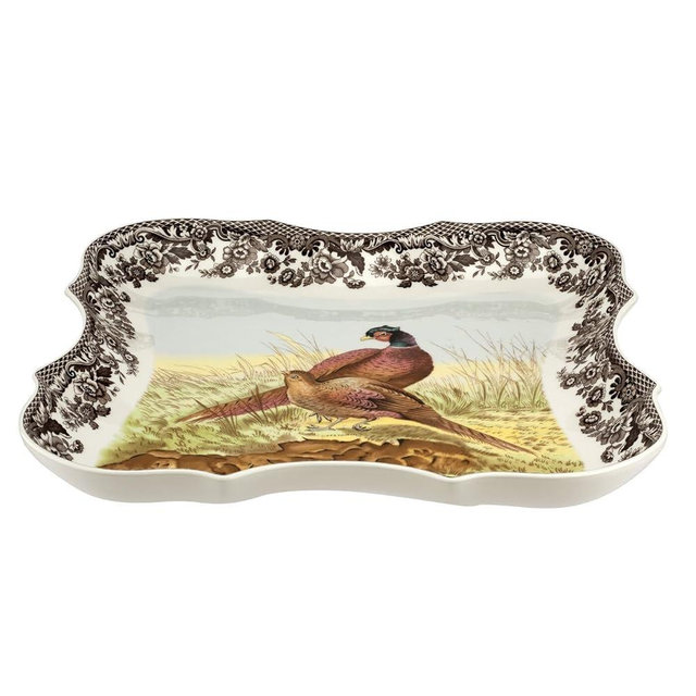 Spode Woodland Devonia Tray - 250th Anniversary Collectible Pheasant Motif, 14" Porcelain Serving Platter with British Flowers Border, Holiday Centerpiece, Oven, Freezer, Microwave & Dishwasher Safe