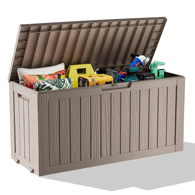 PatioZen 75 Gallon Resin Deck Box, Lockable Patio Outdoor Storage Box for Furniture, Garden Tools and Tools Storage, Waterproof Outside Storage Boxes - Grey