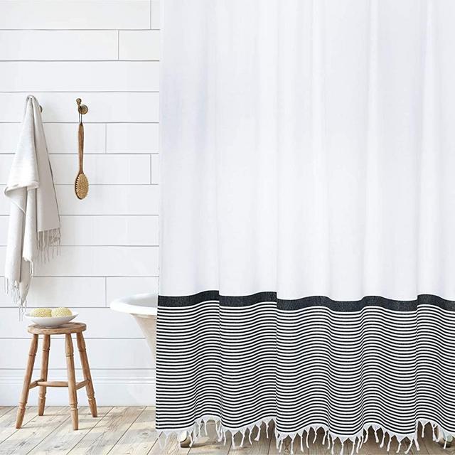 Modern Farmhouse Tassel Shower Curtain 100% Cotton Black and White Striped Fabric Shower Curtain with Tassels for Bathroom Decor, 72x72