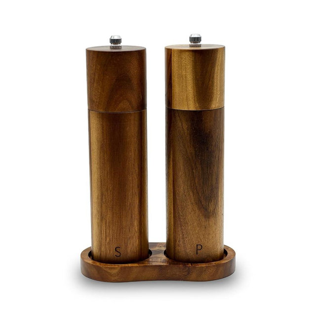 Amestar 8 Inch Acacia Wooden Salt and Pepper Grinder Set, Refillable Salt and Pepper Mills Adjustable Coarseness, Salt and Pepper Shakers Matching Wooden Tray, Spice Grinder for Kitchen