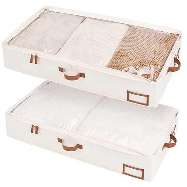 StorageWorks Underbed Storage Box, Under Bed Clothes Organizer With Sturdy Structure and Ultra Thick Fabric, Ivory White, Large, 2 pack