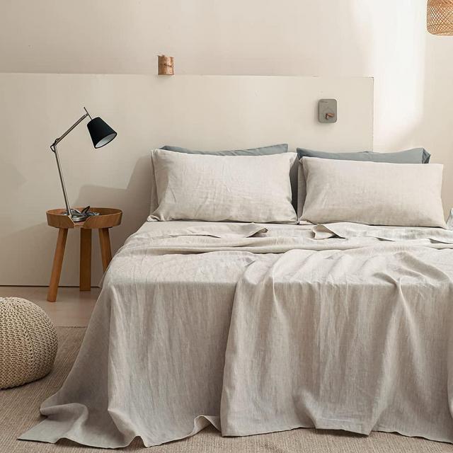 Simple&Opulence 100% Linen Sheet Set 4 Pcs Washed Natural French Flax Bed Sheets (Deep Pocket Fitted Sheet & Flat Sheet & 2 Pillowcases) Basic Style Soft Breathable Farmhouse - Queen, Linen