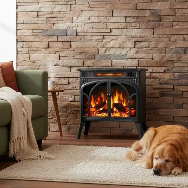 Bestier Electric Fireplace Heater 24.25" with Remote, Adjustable Brightness and Heating Mode, Flame Effects & Log Colors, Black