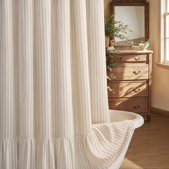 XOGUIBO Farmhouse Shower Curtain with Ruffle Hem Linen Shower Curtains for Bathroom Country Vintage Rustic Natural Fabric, Cream-Beige Stripe 72" W x 84" L