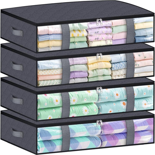 TasticTotes Under Bed Storage Containers, 4 Pack Blanket Storage Bags, Collapsible Storage Bags with Big Zippers, Clear Front, Shoe Storage and Organization for Clothes, Comforter, 90L, Grey