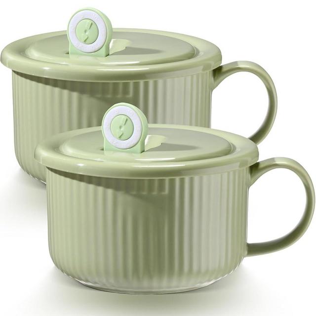 SiliFine 2 Pcs Ceramic Soup Bowl with Lid and Handle 27oz Travel Cereal Bowl Microwave Safe Bowl Instant Noodles Soup Mug for Ramen and Soup Cereal Microwave Safe, Dishwasher Safe(Milk Green)