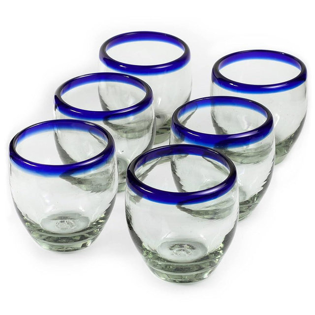 HANDMADE CON AMOR - 9 oz Hand Blown Mexican Drinking Glasses - Set of 6, 9 fl oz each, Cobalt-Blue Rim