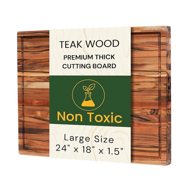 Extra Large Teak Wood Cutting Board 24x18 Inch for Meat, Brisket & Professional Kitchen Prep, 1.5" Thick Edge Grain Butcher Block with Deep Juice Groove & Handle, Non-toxic Board by New M Way