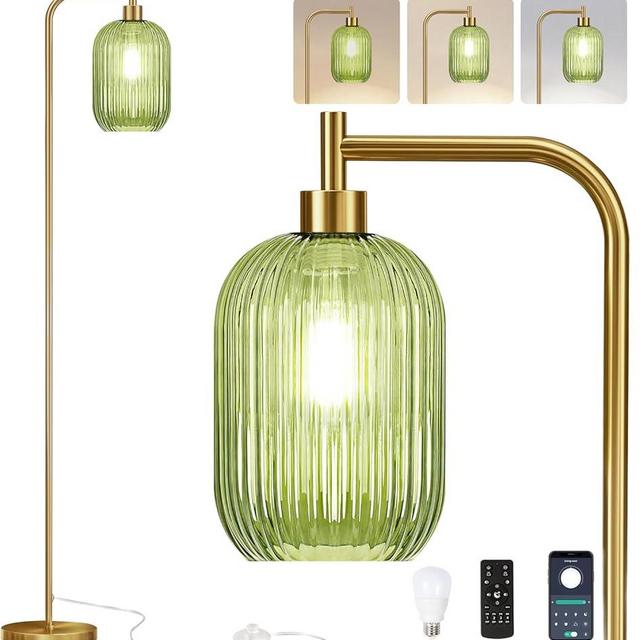 ILLMTW Floor Lamp for Living Room,Bedroom,Gold Dimmable Standing Lamp with Remote,Mid Century Modern Brass Tall Lamp Retro Vintage Green Glass Lamp Floor Light Boho Bohemian