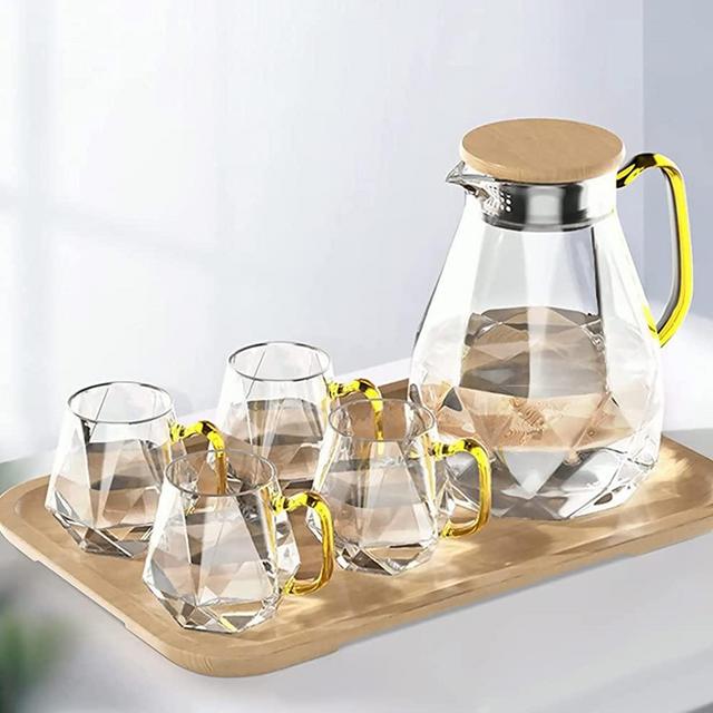 DUJUST Glass Pitcher with 4 Cups, 1 Tray, Elegant Diamond Design Water Pitcher with Handle, Decoration for Room, High Durability Water Glass Carafe for Ice Tea Pot, Beverage, Hot/Cold Coffee