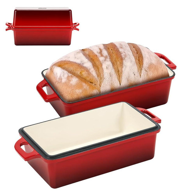 9x5 Inch Enameled Cast Iron Bread Loaf Pan with Lid, Perfect Sourdough Baking Pans | Even Heat Distribution for Homemade Bread, Cake, Meatloaf，2 Piece set，Red