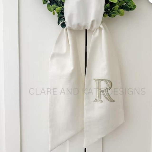 Monogram Wreath Sash, Wreath Sash For Front Door, Embroidered Front Door Bow, Initial Door Sash, Monogram Wreath Ribbon,Wreath Scarf