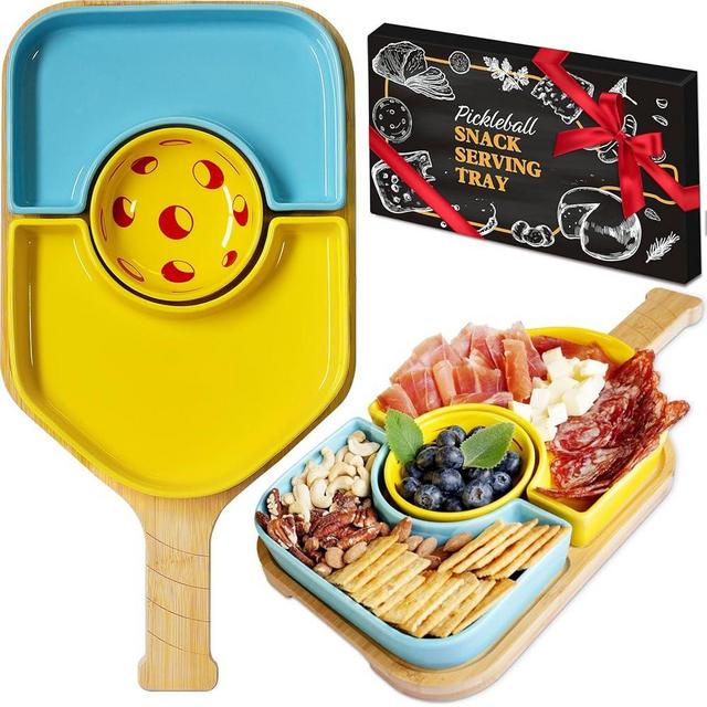 DWATAN Pickleball Paddle Snack Tray Set, Ceramic Serving Plate with Charcuterie Cutting Board, Unique Valentine's Day Pickleball Gifts for Women and Men