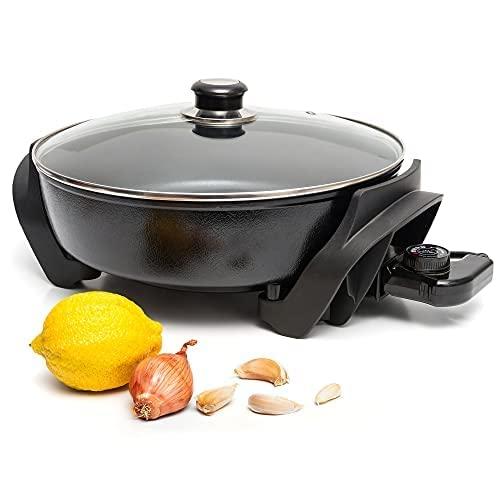 Moss & Stone Nonstick Electric Skillet 12 Inch Aluminum Electric Fryer With 2 Layers Of Non-Stick Coating, Adjustable Temperature Control, Lid With Steam Vent, Electric Deep Dish Skillet