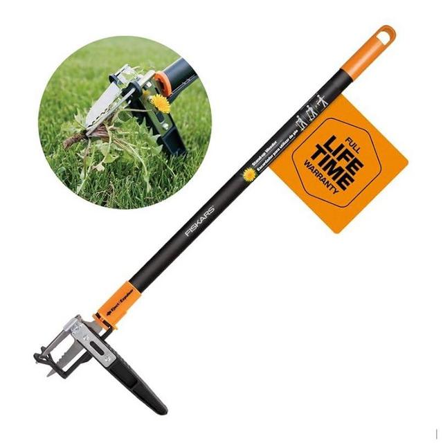 Fiskars 3-Claw Stand Up Weeder - Gardening Hand Weeding Tool with 39" Long Ergonomic Handle - Black/Orange