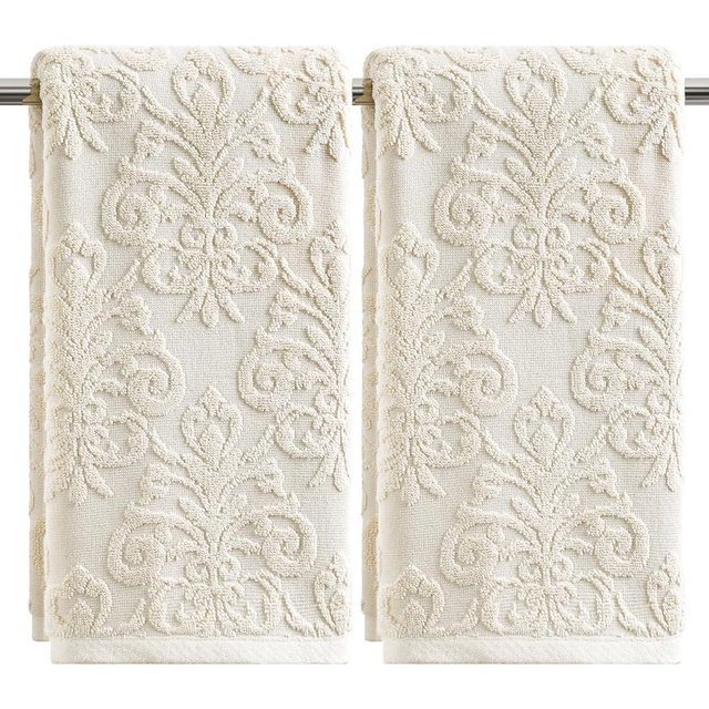 Artoid Mode 2 Pcs Beige 3D Vintage Floral Hand Towels for Bathroom, 100% Cotton Soft Absorbent Bathroom Decor Towels, 13.7 x 29.5 Inch