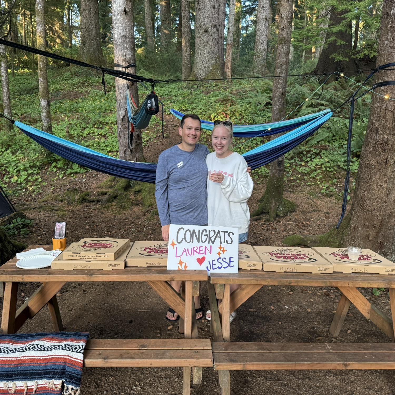 Right after our engagement when we drove down to Cannon Beach. Came back to our campsite decorated and pizza out! Thanks Mick and Katie!!